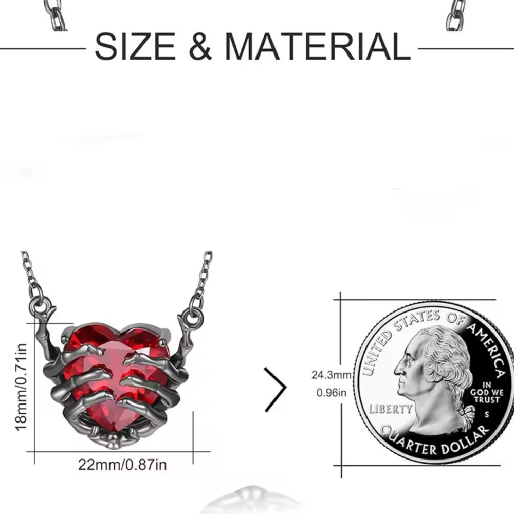 Black Gun Metal Rhodium Skeleton Hands Heart Necklace & Earrings Halloween Goth - Picture 11 of 12